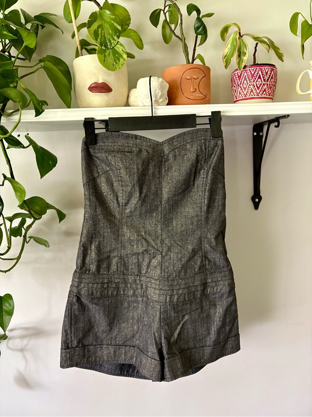 Costa Blanca Strapless Gray Denim-Look Shorts Romper